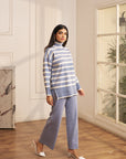 Women Blue and White Striped Turtle Neck Knit Co-ord Set Kourtney