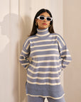 Women Blue and White Striped Turtle Neck Knit Co-ord Set Kourtney