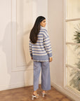 Women Blue and White Striped Turtle Neck Knit Co-ord Set Kourtney