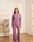 Women Lilac Knitted Hoodie Co-ord Set with Embellished Drawstring Mayson Lilac