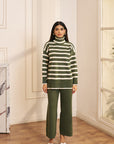 Women Blue and White Striped Turtle Neck Knit Co-ord Set Kourtney Olive