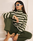 Women Blue and White Striped Turtle Neck Knit Co-ord Set Kourtney Olive