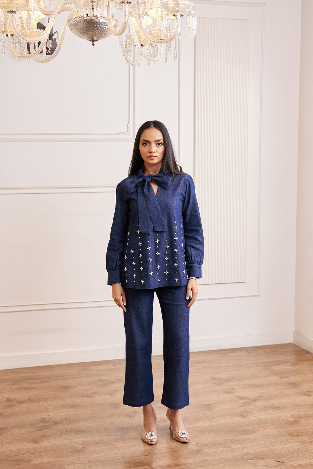 Women Denim Co-ord Set With Handwork & Embellishments (Megan Denim Co-ord Set)