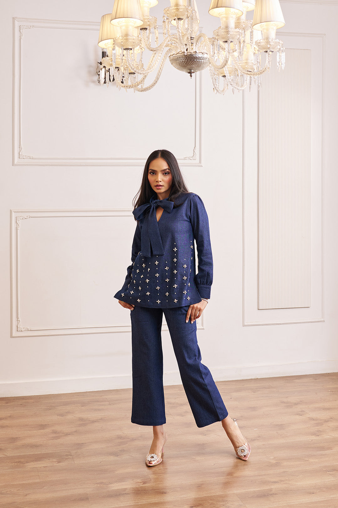 Women Denim Co-ord Set With Handwork & Embellishments (Megan Denim Co-ord Set)