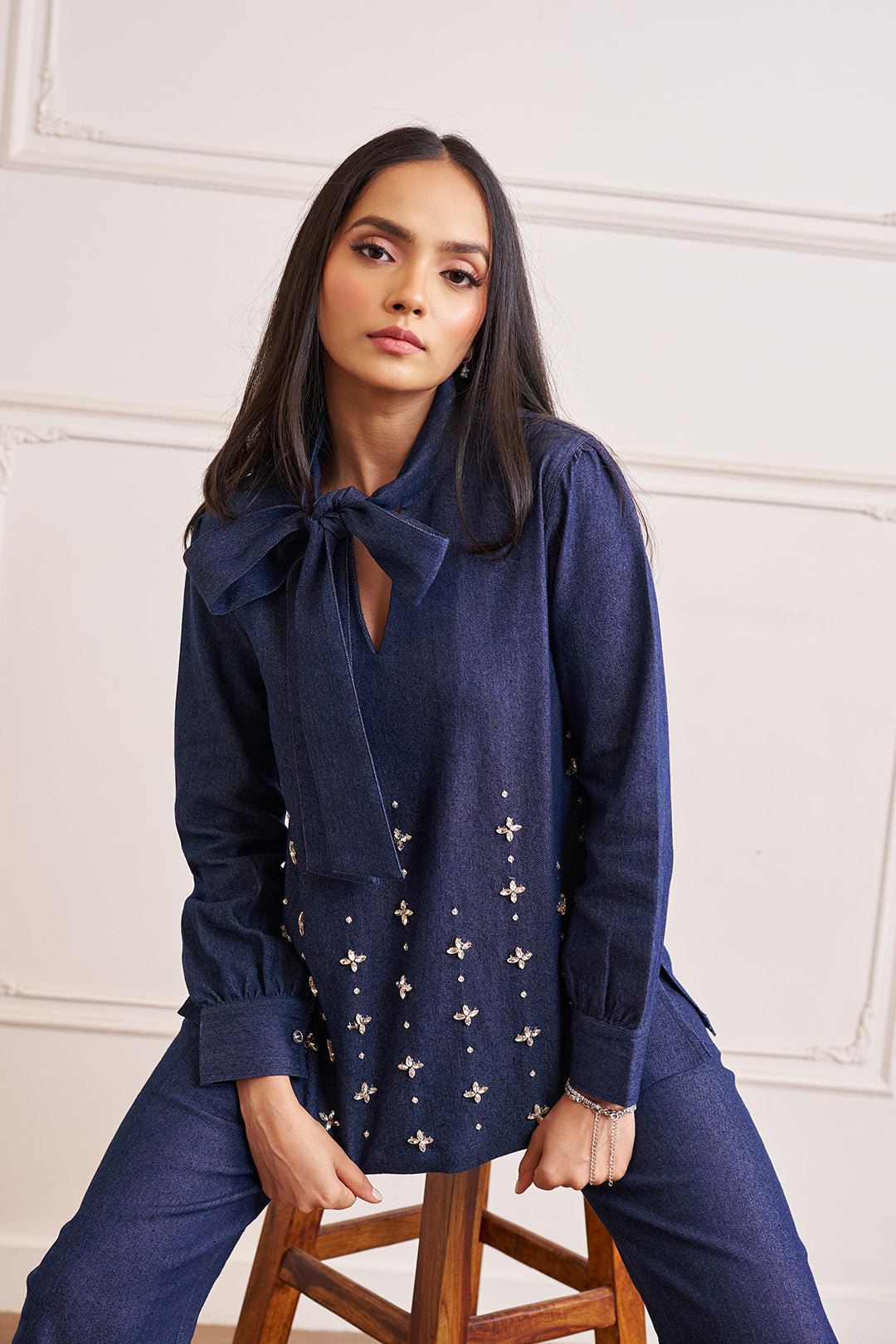 Women Denim Co-ord Set With Handwork & Embellishments (Megan Denim Co-ord Set)