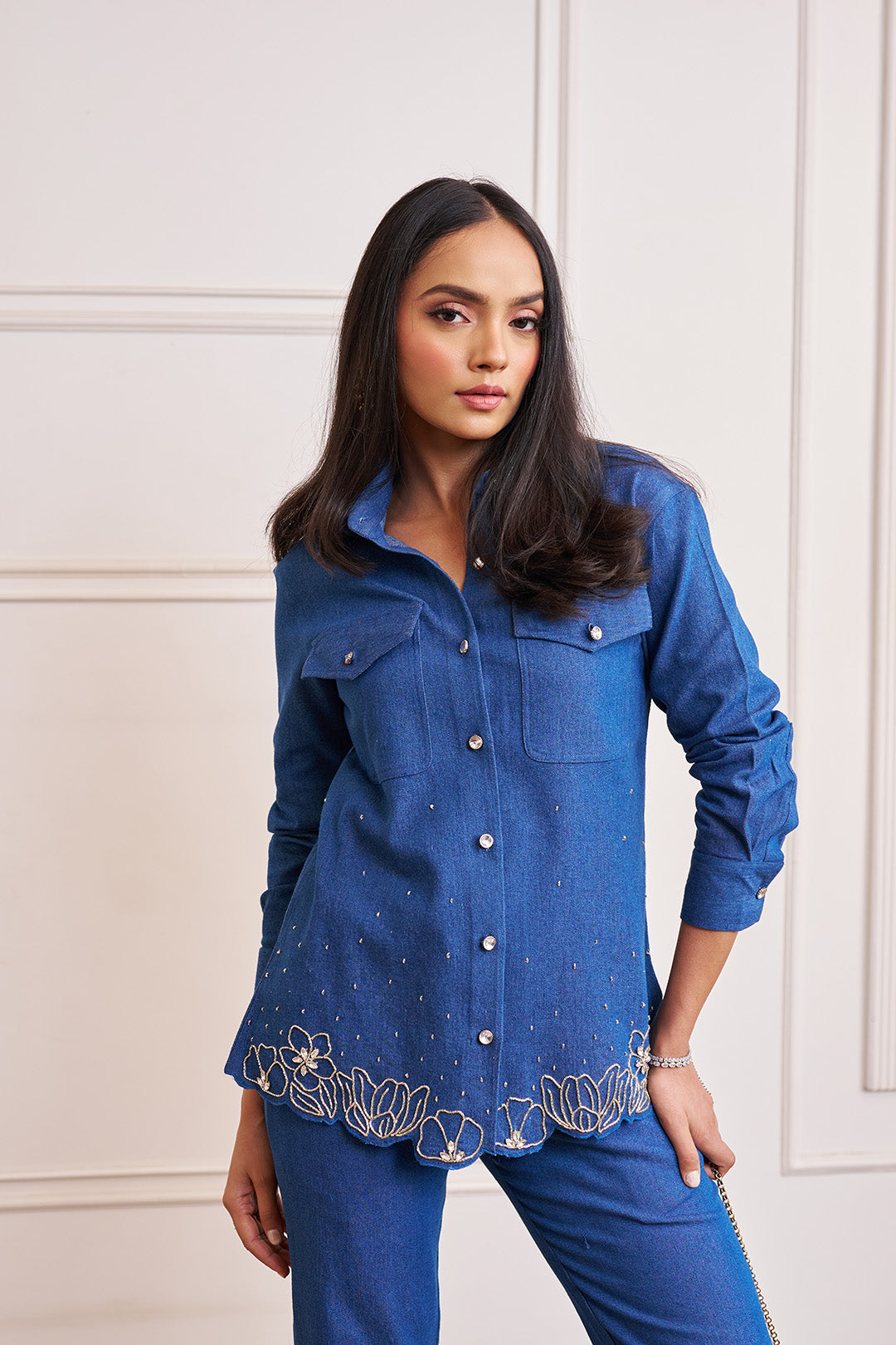 Women Denim Co-ord Set With Handwork & Embellishments (Aria Co-ord Set)