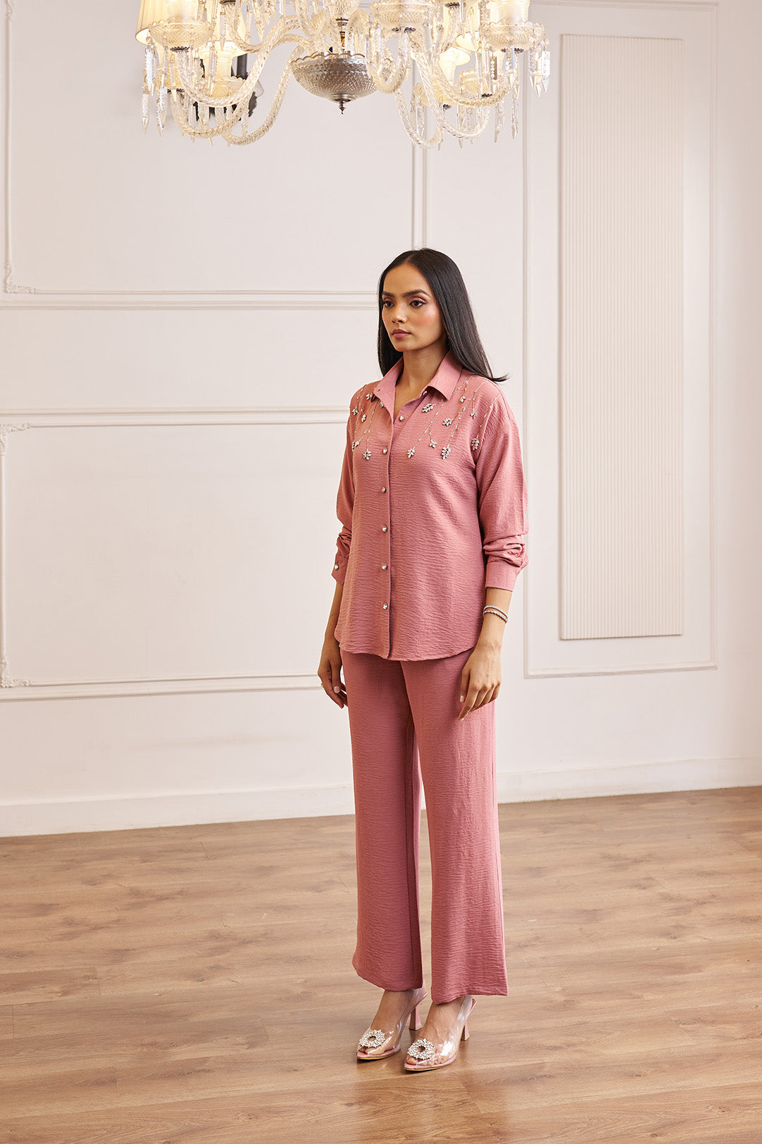 Women Light Pink Imported Viscose Co-ord Set with Handwork & Embellishments (Cherry Blossom Co-ord Set)