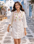 Women White Cotton Asymmetrical Shirt Dress with Embroidered Lace Detailing Amira Dress