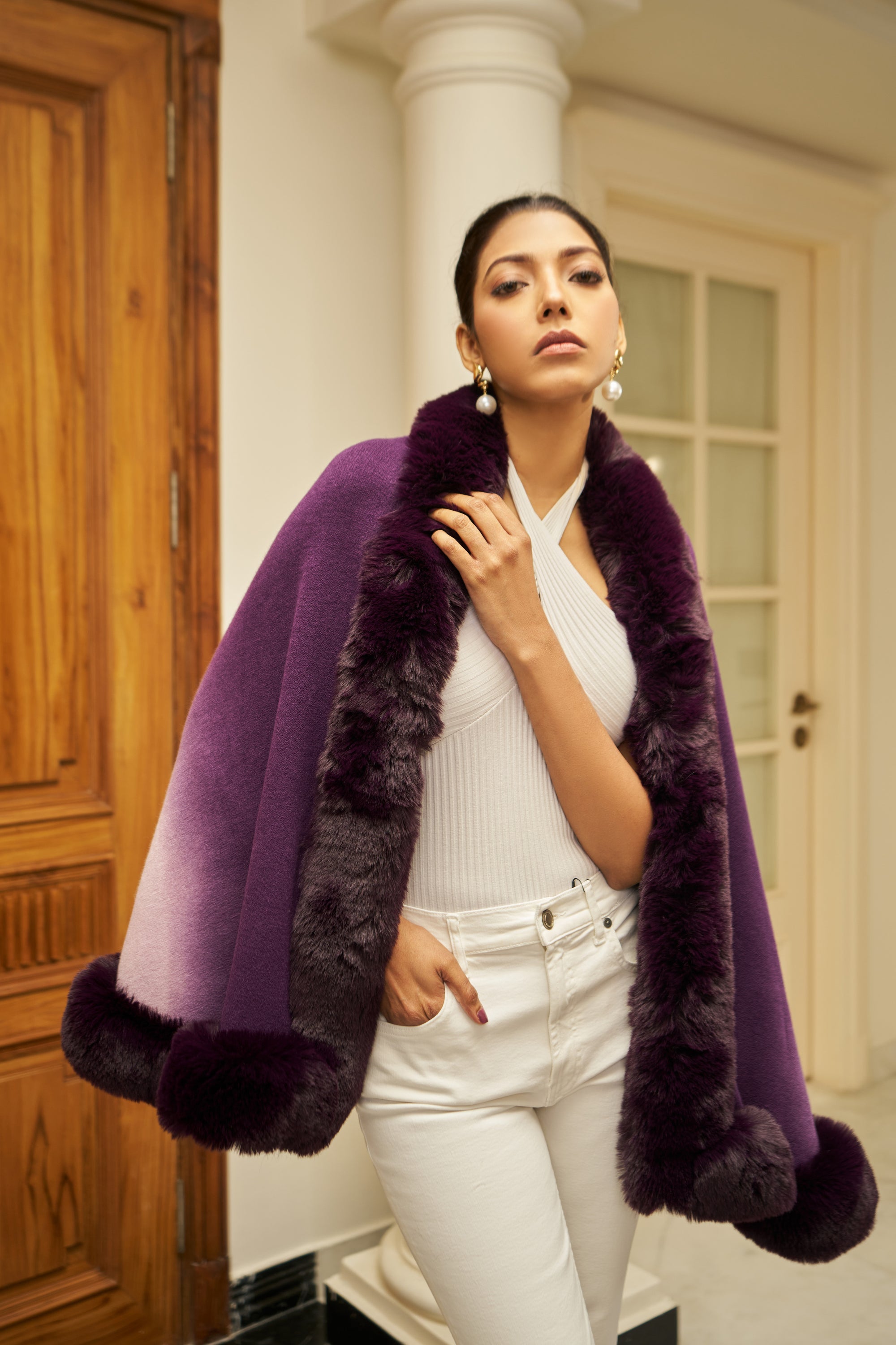 Amber Faux Fur Cape ( Beige Ombre)