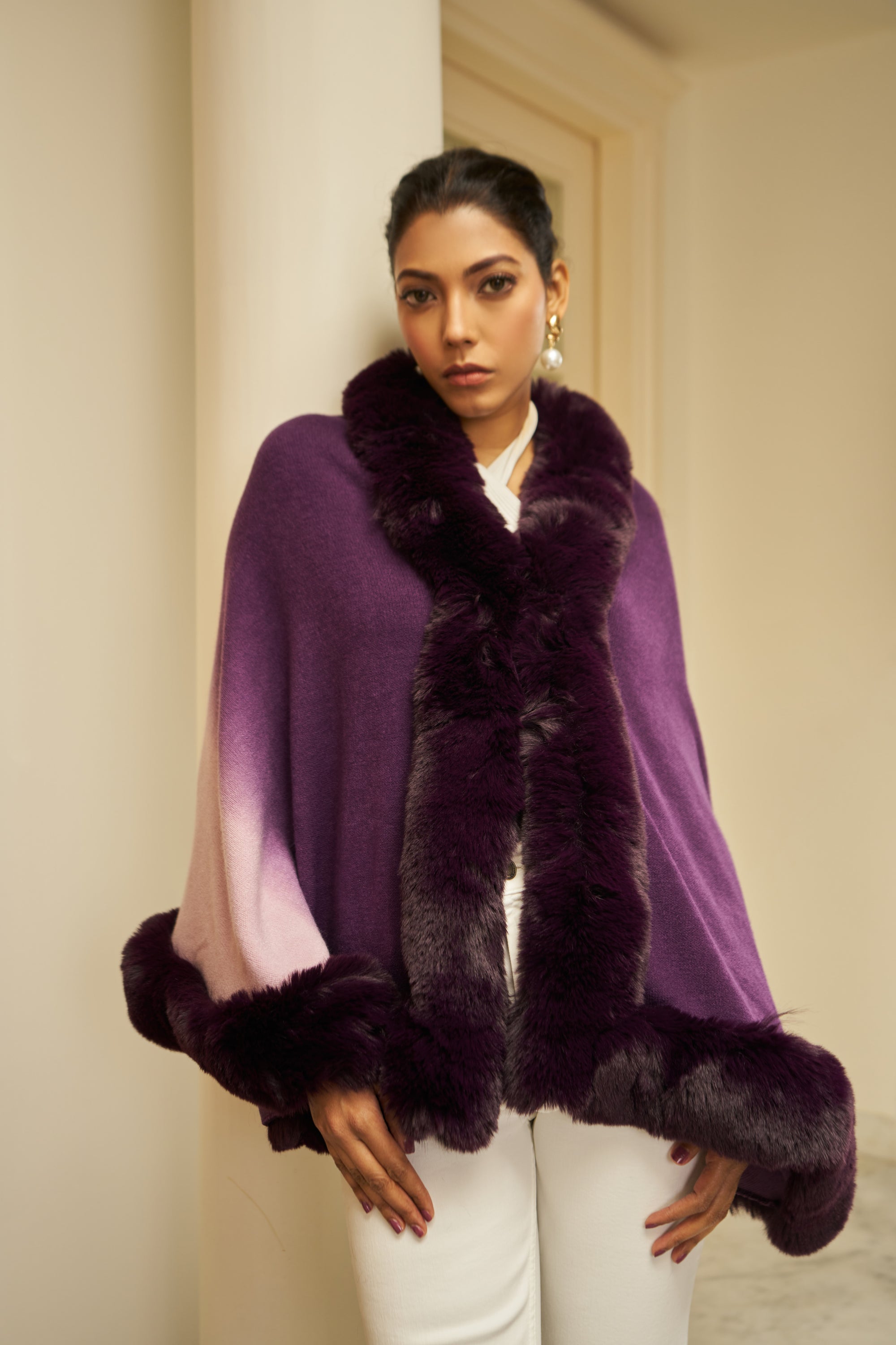 Amber Faux Fur Cape ( Beige Ombre)