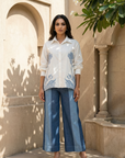Women White Shirt with Denim Patchwork and Two tone Denim Pants Austria Co-ord Set