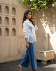 Women White Shirt with Denim Patchwork and Two tone Denim Pants Austria Co-ord Set