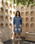 Women Demin Shirt Dress with Palm Tree Embroidery (Palm Dress)