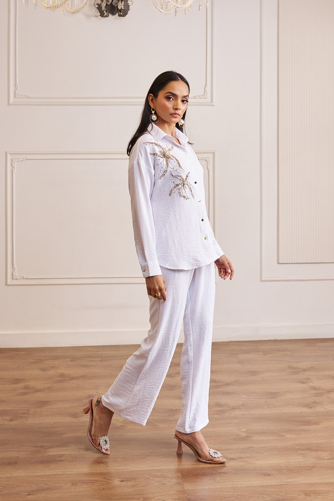 Women White Imported Viscose Co-ord Set with Handwork & Embellishments (Brooklyn Co-ord Set)