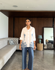 Women White Shirt with Denim Patchwork and Two tone Denim Pants Austria Co-ord Set