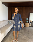 Women Demin Shirt Dress with Palm Tree Embroidery Palm Dress