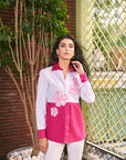 Women 100% Cotton White & Hot Pink Embroidered Regular Fit Summer Shirt  (Strawberry Vanilla Shirt)