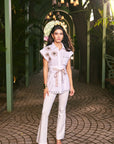 Women 100% Cotton White Applique Embroidered Regular Fit Summer Shirt  (Sandstone Shirt)