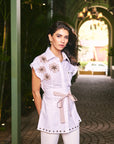 Women 100% Cotton White Applique Embroidered Regular Fit Summer Shirt  (Sandstone Shirt)
