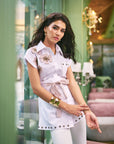 Women 100% Cotton White Applique Embroidered Regular Fit Summer Shirt  (Sandstone Shirt)