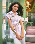 Women 100% Cotton White Applique Embroidered Regular Fit Summer Shirt  (Sandstone Shirt)