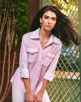 Women 100% Cotton  White & Baby Pink Sequins Regular Fit Summer Shirt  (Blush Whisper Shirt)