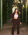 Women 100% Linen Viscose 2 Piece Blazer Tousers Co-ord Set (Bronze Co-ord Set)