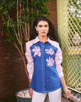 Women 100% Cotton Denim & Pink Embroidered Regular Fit Summer Shirt  (Desert Rose Shirt)