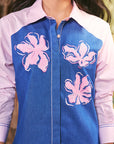 Women 100% Cotton Denim & Pink Embroidered Regular Fit Summer Shirt  (Desert Rose Shirt)