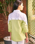 Women 100% Cotton White & Lim Green Embroidered Regular Fit Summer Shirt  (Matcha Shirt)