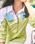 Women 100% Cotton White & Lim Green Embroidered Regular Fit Summer Shirt  (Matcha Shirt)