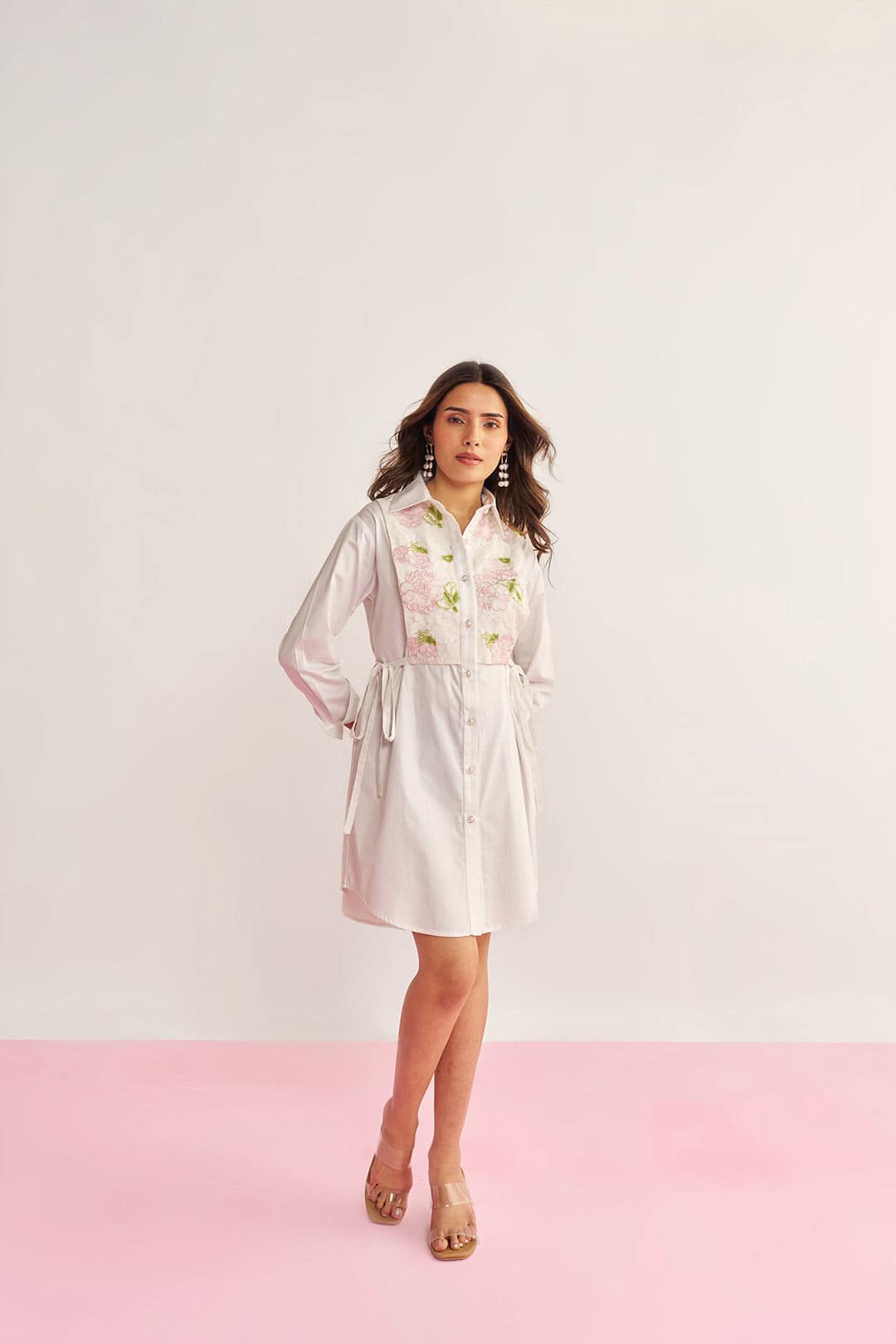 Women White Cotton Asymmetrical Shirt Dress with Embroidered Lace Deta ByTheBay India Women White Cotton Asymmetrical Shirt Dress with Embroidered Lace Deta ByTheBay India
