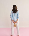 Women Light Blue Cotton Regular Fit Shirt with Flower Motifs and Faux Pearl Details Tania Shirt