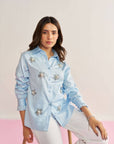 Women Light Blue Cotton Regular Fit Shirt with Flower Motifs and Faux Pearl Details Tania Shirt