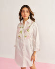 Women White Cotton Asymmetrical Shirt Dress with Embroidered  Lace Detailing Amira Dress