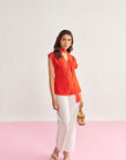 Women Red Top with Lace Detailing and Detachable Scarf Jenny Top