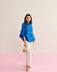 Women Electric Blue Cotton Regular Fit Shirt with Ruffle Sleeves Denise Shirt
