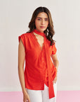 Women Red Top with Lace Detailing and Detachable Scarf Jenny Top