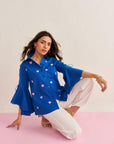 Women Electric Blue Cotton Regular Fit Shirt with Ruffle Sleeves Denise Shirt