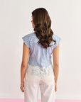 Women Striped Blue Regular Fit Pleated Top with Lace and Scallop Detailing Vanessa Top