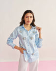 Women Light Blue Cotton Regular Fit Shirt with Flower Motifs and Faux Pearl Details Tania Shirt
