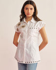 Women 100% Cotton White Applique Embroidered Regular Fit Summer Shirt Sandstone Shirt