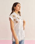 Women 100% Cotton White Applique Embroidered Regular Fit Summer Shirt Sandstone Shirt