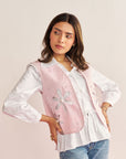 Women White Cotton Front Tie-Up Shirt With Pink Denim Waist Coat Rose Waistcoat & Shirt Set