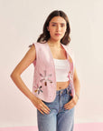 Women Pink Denim Waist Coat with Embellished Flower Cut Outs Rose Waistcoat
