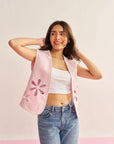 Women Pink Denim Waist Coat with Embellished Flower Cut Outs Rose Waistcoat