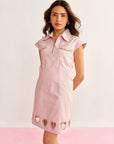 Women Pink Denim Cotton Embellished  Short Dress with Heart Cut - Outs Charlette Dress