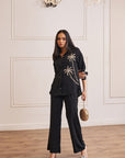 Women Black Imported Viscose Co-ord Set with Handwork & Embellishments (Palm Springs Co-ord Set)