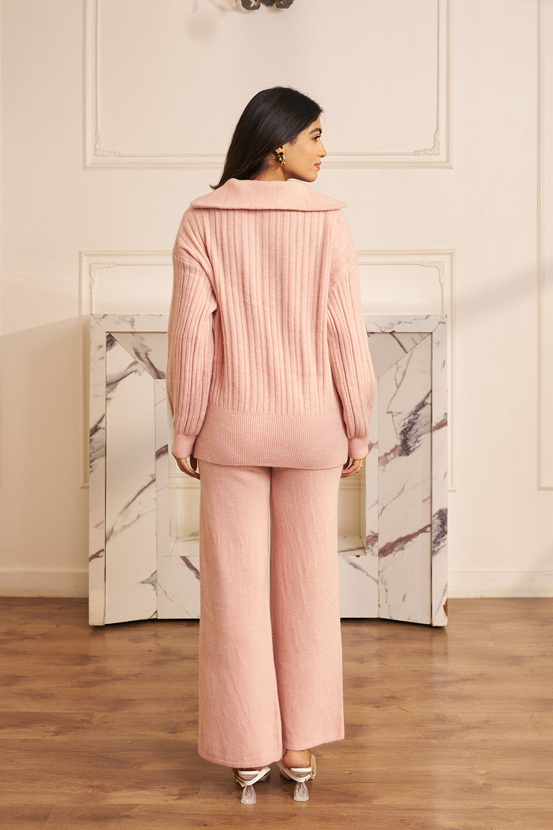 Women Light Pink High Neck With Quarter Zip Knit Co-ord Set Lizzy Pink