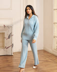 Women Light Pink High Neck With Quarter Zip Knit Co-ord Set Lizzy Ice Blue